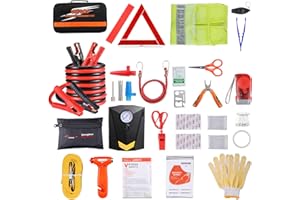 VETOOS Car Roadside Emergency Kit with Jumper Cables, Auto Vehicle Safety Road Side Assistance Kits, Winter Car Kit for Women and Men, with Portable Air Compressor, First Aid Kit, Tow Rope, Multitool Plier