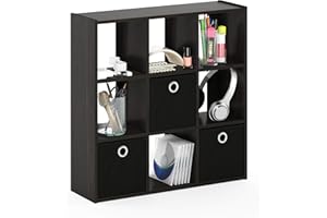 Furinno Simplistic 9-Cube Organizer with Bins, Small Size (Assembled unit dimensions : 7.9"D x 26.5"W x 26.7"H inches), Espresso/Black