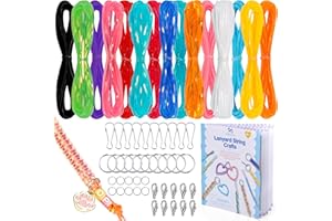 PP OPOUNT Lanyard String Kit for Christmas Crafts – 15 Plastic Gimp Strings with 40 Keychain Accessories & Instructions, DIY Bracelets Keychains Craft Set(Solid/Glitter/Laser Colors)