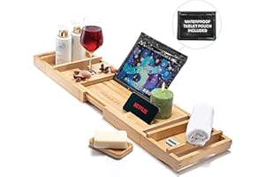 HOMEIFY Premium Bamboo Bathtub Tray Caddy - Waterproof Tablet/Phone Case & Razor Slot - Expandable Bath Tray (up to 44in), Luxury Spa Bathtub Caddy, with Adjustable Reading Rack - Patent Pending