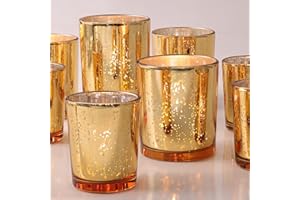 Volens 12pcs Assorted Gold Votive Candle Holders, Large Speckles Mercury Glass Votive & Tealight Candle Holder Bulk for Wedding Table Centerpiece, Gold Themed Party Decorations and Home Decor