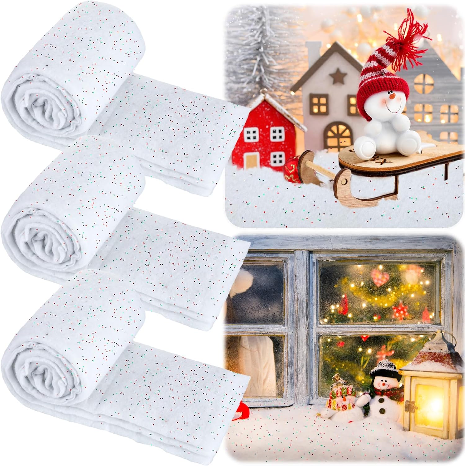Artificial Snow - SmoothNovelty 3 Rolls Christmas Snow Blanket 2.6 x 7.8 ft Winter Fake Snow Blankets for Christmas Village Glitter Artificial Snow Faux Snow Glittered Drape for Tree Village Wonderland Party Decoration