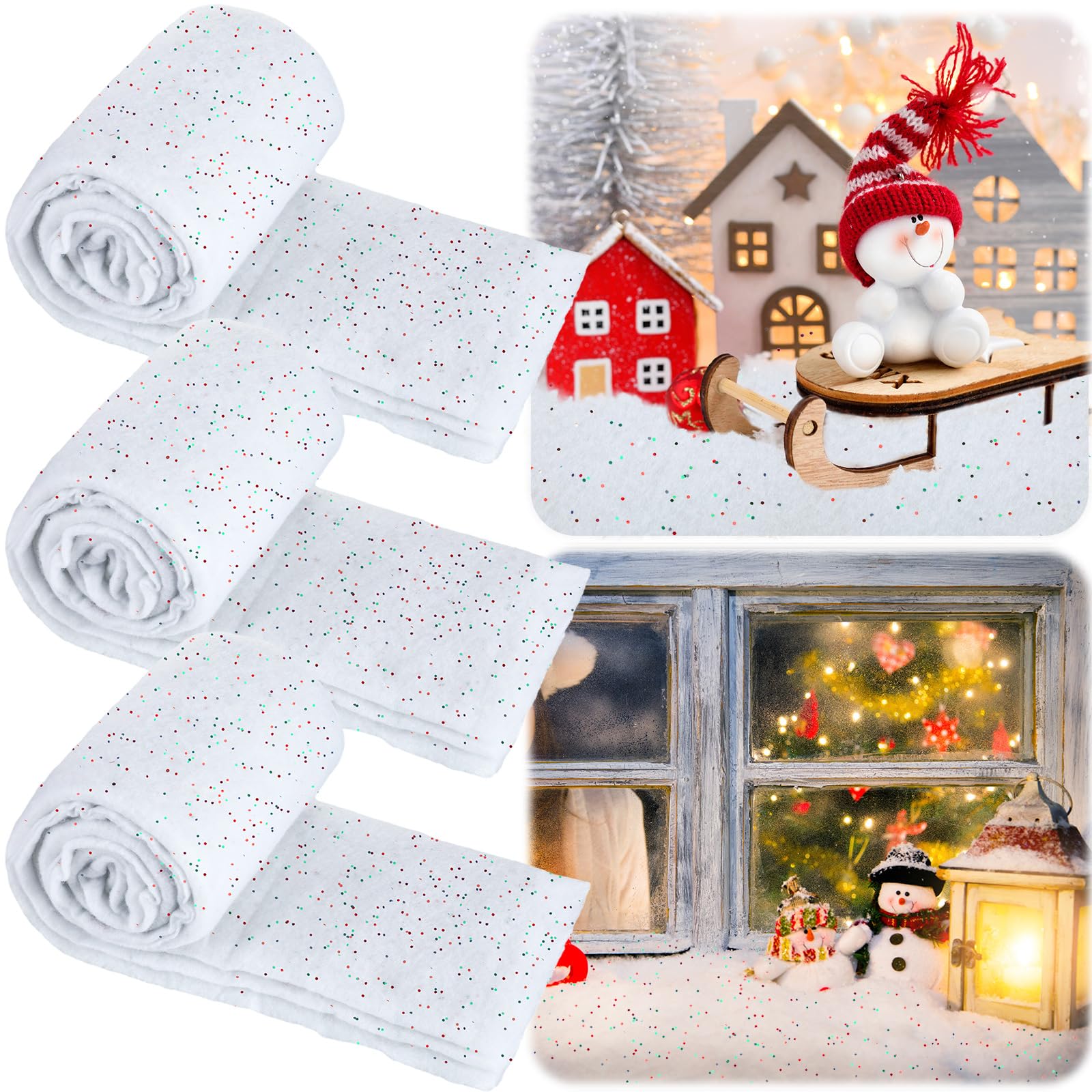 Photo 1 of SmoothNovelty 3 Rolls Christmas Fake Snow Blanket 2.6 x 7.8 ft Artificial Snow Blankets for Christmas Village Glitter Faux Snowflake Glittered Drape for Xmas Village Display Party Table Runner