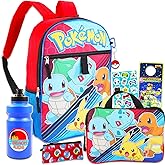 Pokemon Backpack for Boys 8-12 - Bundle with 16" Backpack, Storage Case, Pencil Holder, Water Bottle, Stickers, More Backpack Set for Kids