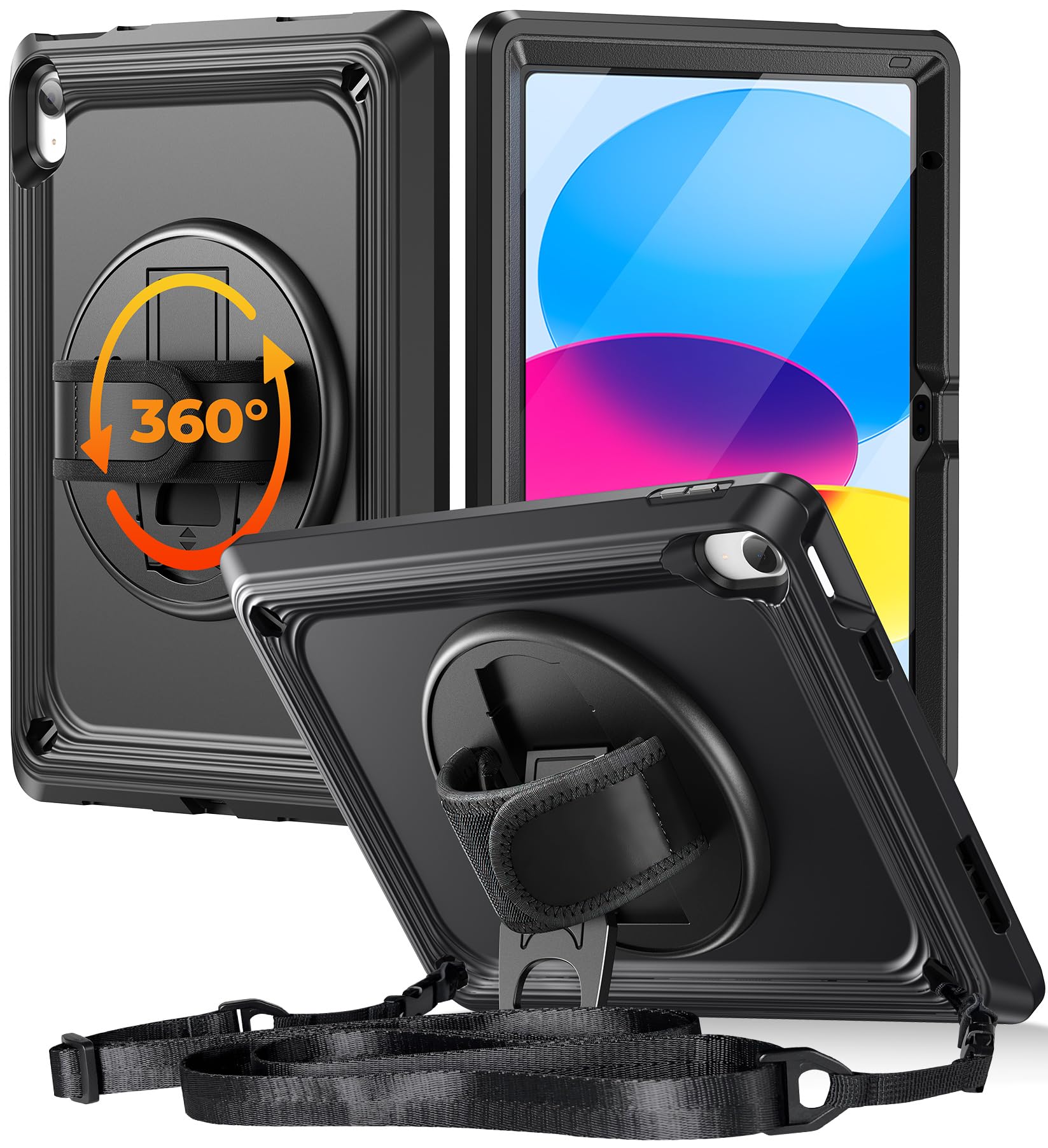 Photo 1 of TSQQST iPad (A16) 11th/10th Generation Case 10.9 Inch 2025/2022 with Screen Protector | Military Grade | 360 Rotating Stand & Hand Shoulder Strap | Rugged Silicone Heavy Duty Drop Protection | Black