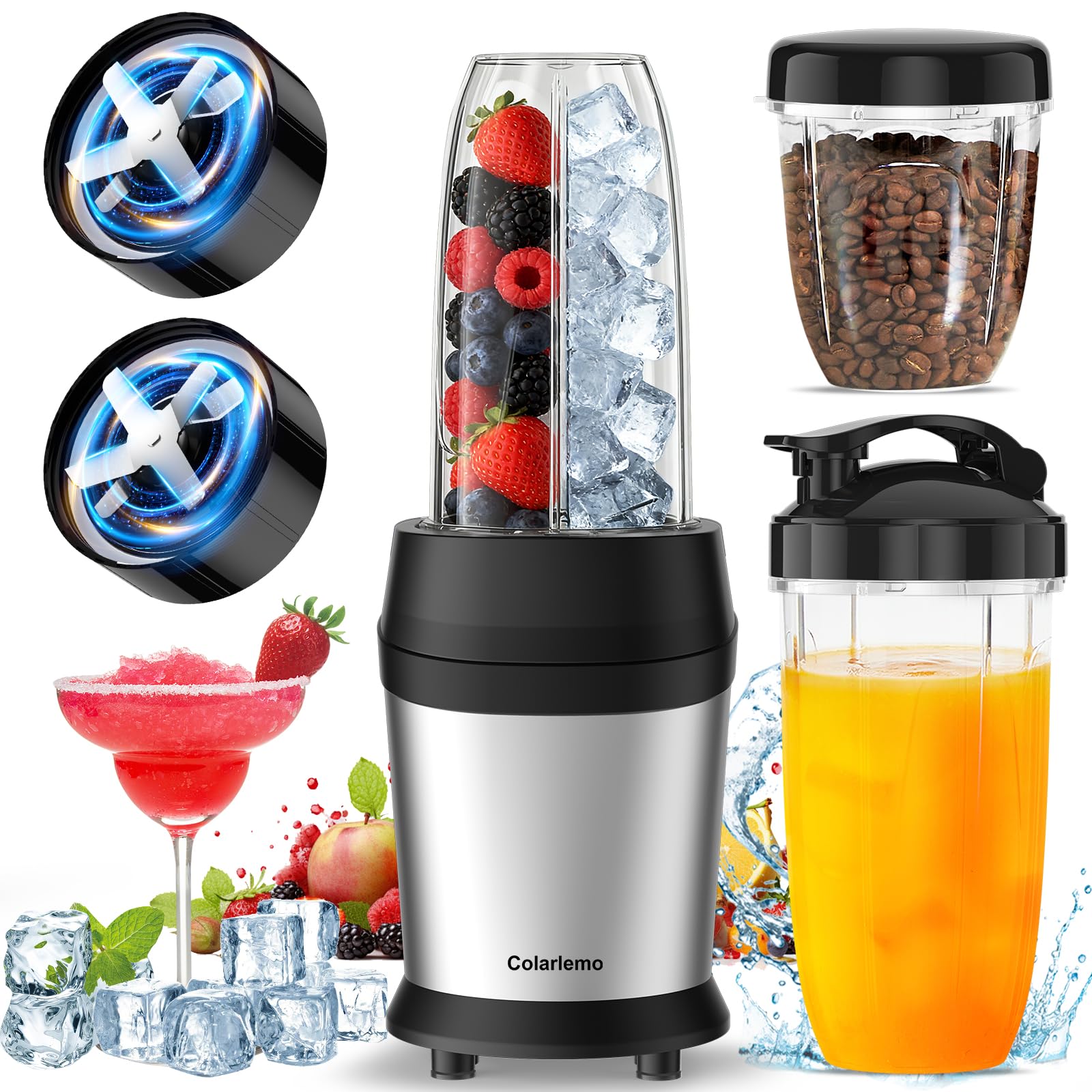 Photo 1 of Colarlemo 12-Piece Smoothie Blender Maker 25,000 RPM Personal Blender for Ice Crushing Smoothies & Frozen Drinks Nuts with 23oz, 32oz, 37oz Portable Cups Two 6-Leaf Stainless Steel Blades, Silver