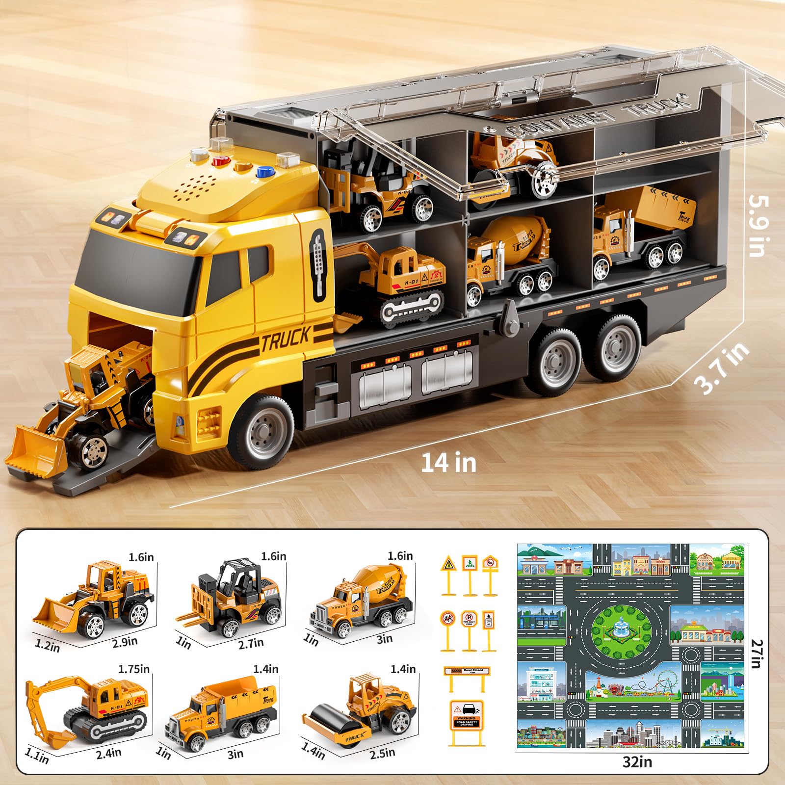 Toddler Boys Construction Truck Vehicle Toy Set with Play Mat and Die-Cast Toy Car, Transport Carrier Truck for Kids 3-5, Birthday Gifts Toys for 3-8 Year Old Boys