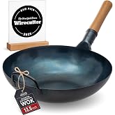 YOSUKATA 13.5" Pre-Seasoned Flat Bottom Blue Carbon Steel Wok for Stir Fry | Compatible with open fire, gas, electric, ceramic, induction cooktops -Traditional Chinese Pan for BBQ, Grill, Camping