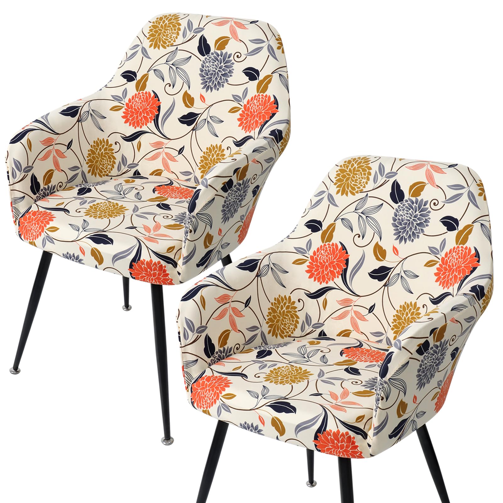 MEIVINES Dining Chair Cover Stretch Chair Cover Set of 2 Jacquard Curved Back Chair Slipcovers with Armrest Elastic Armrest Slipcover Removable Washable for Kitchen (2, Floral)