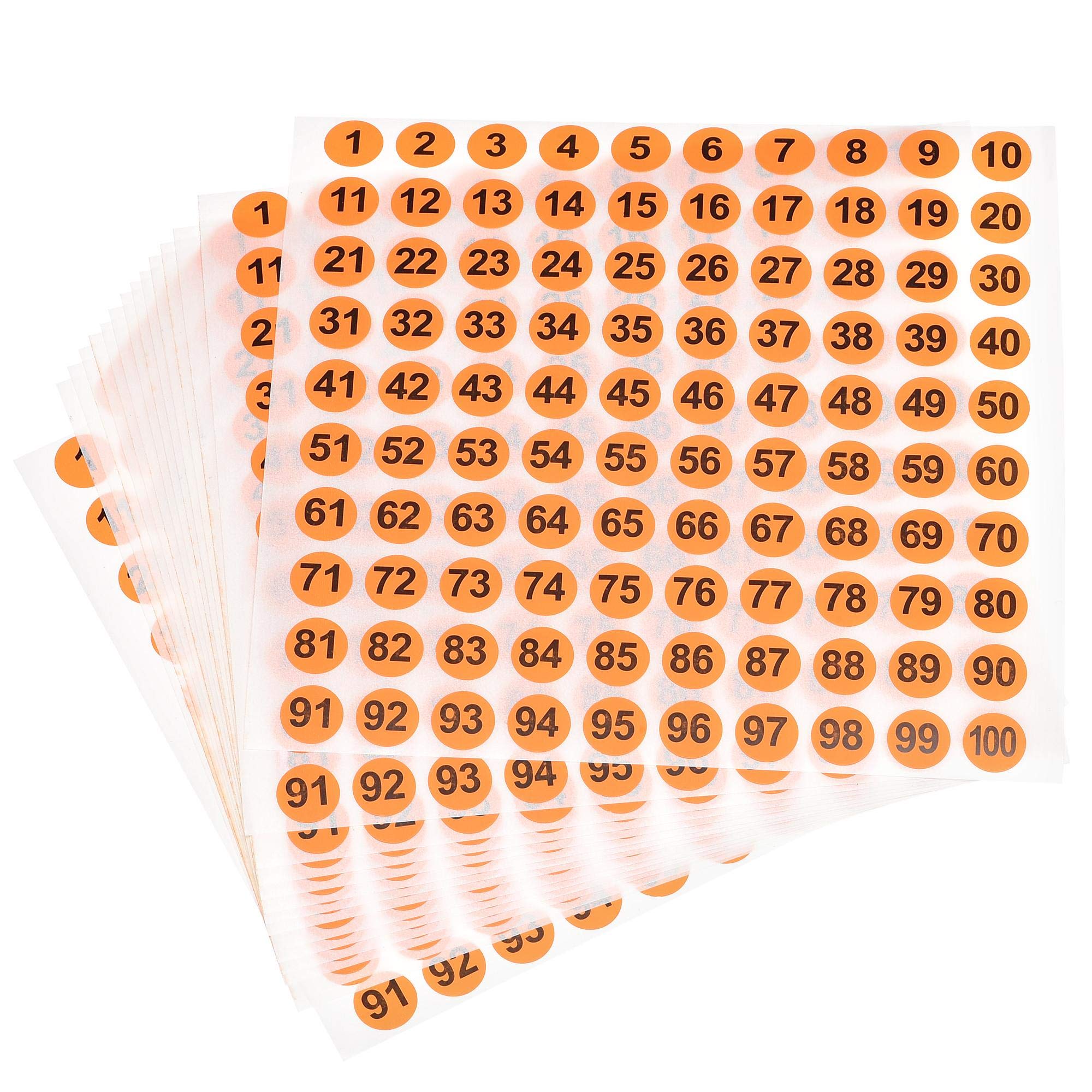 sourcing map Round Number Stickers, 10mm Dia Number 1-100 Coated Paper Label 15 Sheets, Black Word/Orange Background