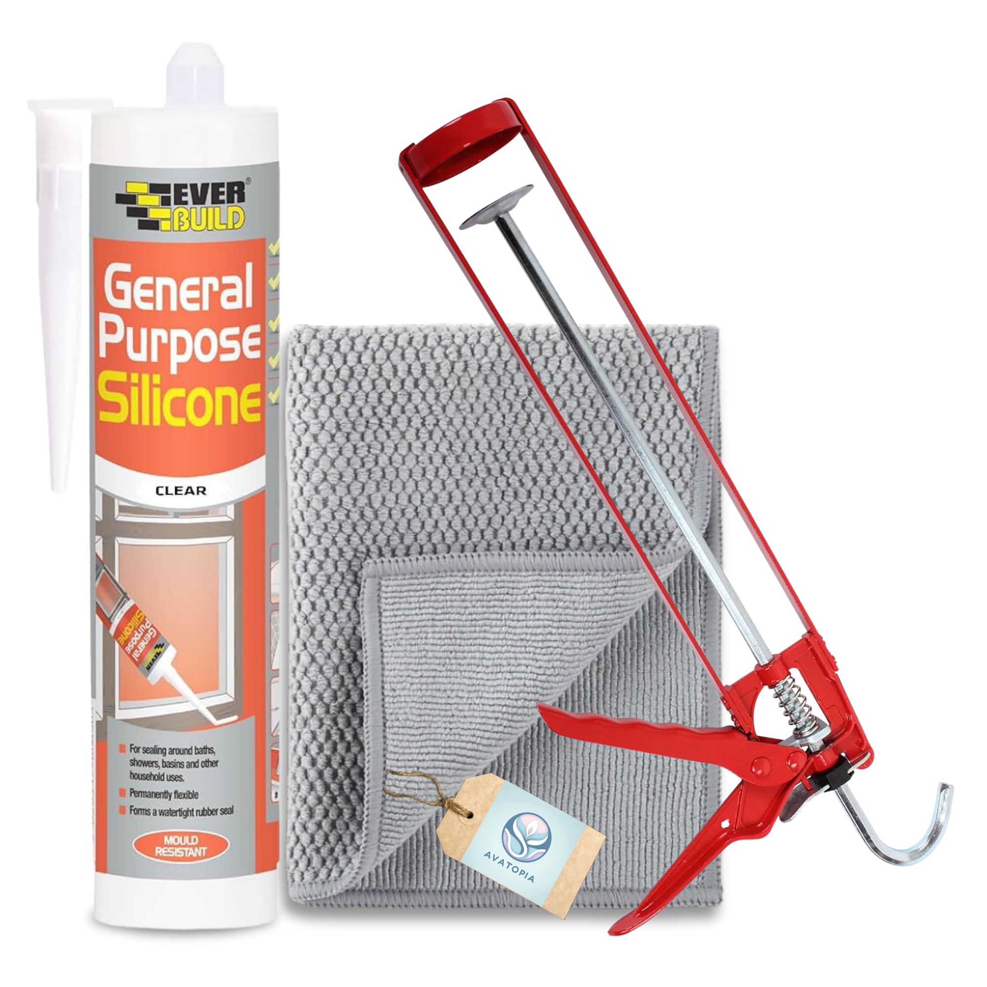 Everbuild General Purpose Clear Silicone Sealant 280ml, Pro Dec Extra Strong Skeleton Caulking Gun & Microfibre Cloth - Clear Silicone Sealant Waterproof for Bathrooms, Kitchens, Windows & Outdoor Use