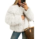 Funlingo Women's Faux Fur Coat Winter Long Sleeve Lapel Cropped Jacket Warm Shaggy Overcoat