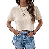 SweatyRocks Women's Crew Neck Crop Tops Waffle Short Sleeve T Shirts Casual Knit Top