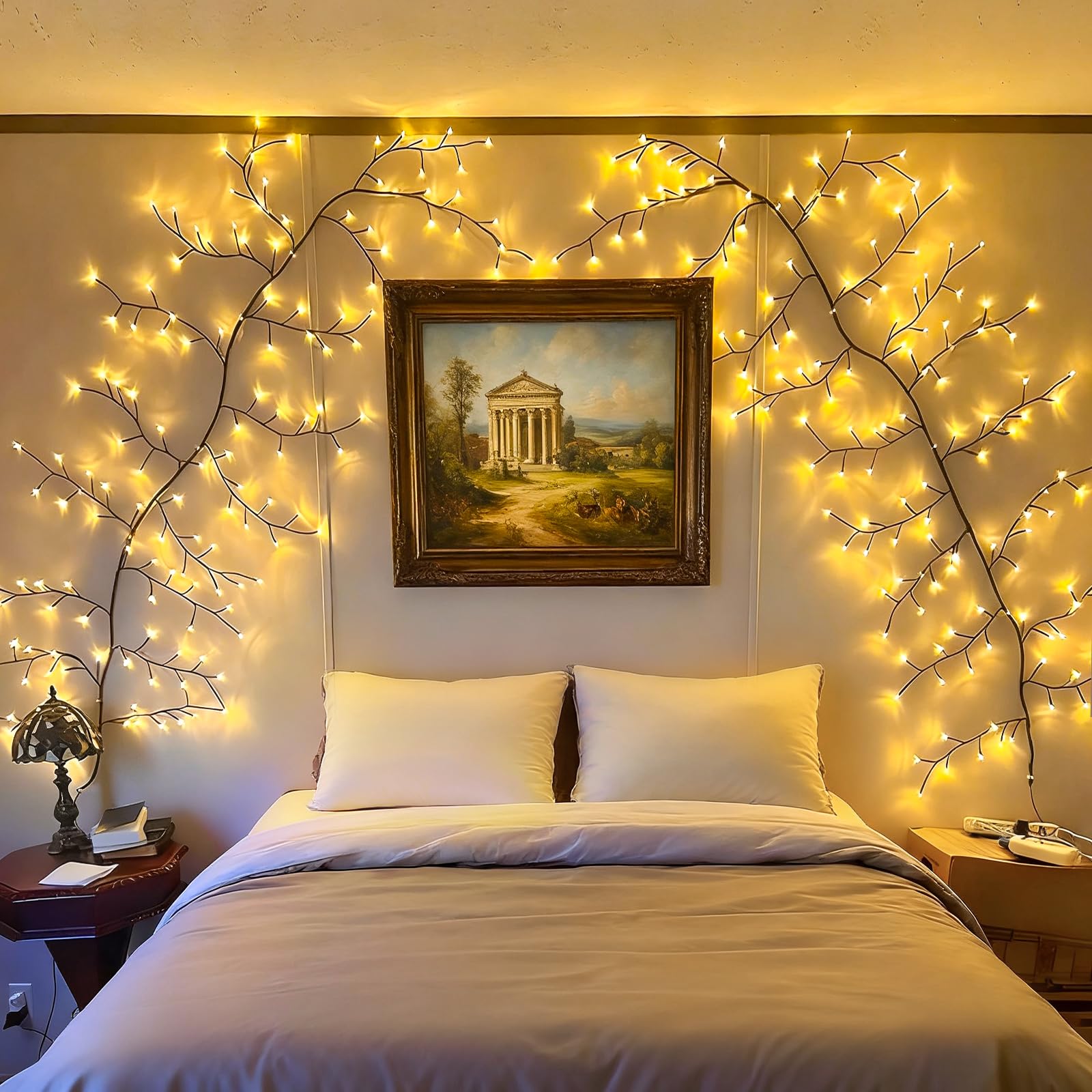 NEWNEN Willow Vine Twig Wall Lights: 144 LED Plug in Powered, Warm White with Lights for Wall Indoor Bedroom Living Room Home Christmas Décor - Brown