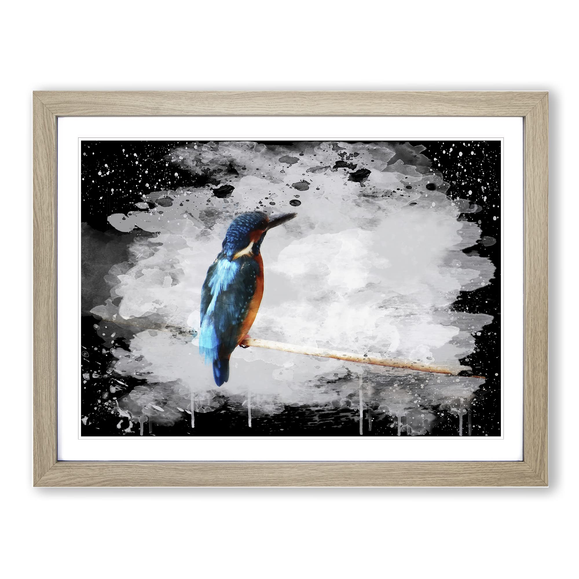 Kingfisher 2 Modern CB Framed Print | A4 Oak Framed Wall Art | Ready to Hang | Modern Nature Picture | Living Room Bedroom Lounge Office