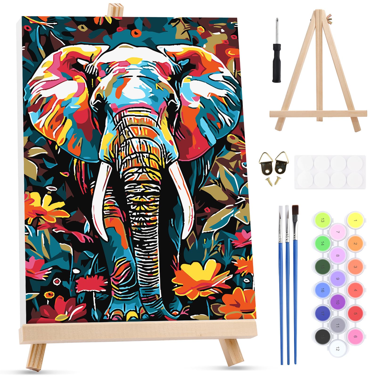 MXJSUA Colorful Floral Elephant Paint by Numbers Kit with Frame for Adults, Animal Easy Beginners Paint by Number on Canvas with Easel, Acrylic Number Painting Craft Gifts for Home Decor, 20x30cm
