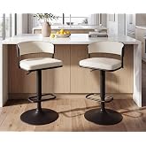 ROCITY Adjustable Modern Bar Stools Set of 2 Faux Leather Barstools Swivel Counter Height Bar stools with Curved Back/Black Metal Base Comfy Upholstered Bar Chairs for Kitchen Island, Beige