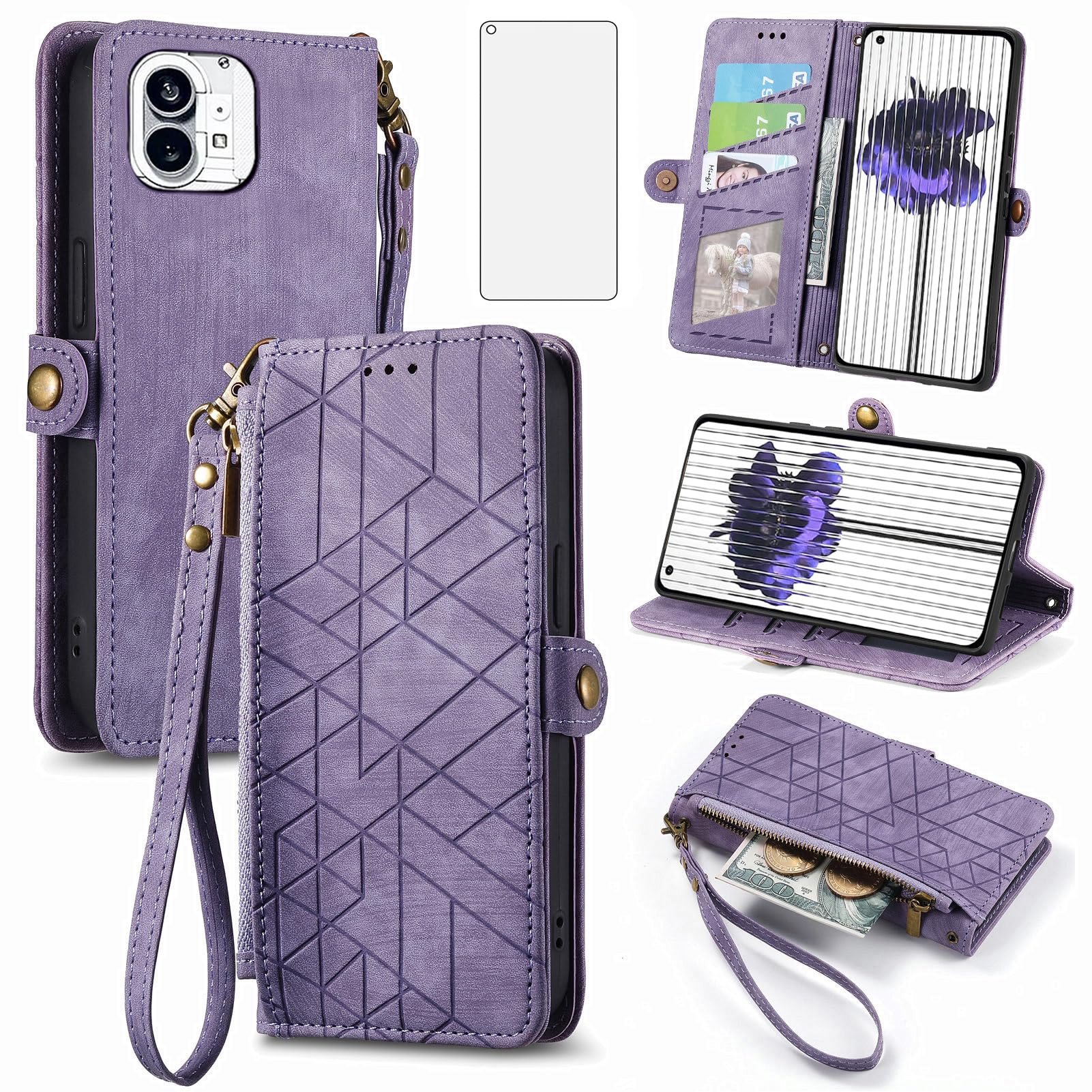 Asuwish Phone Case for Nothing Phone 1 One Wallet Cover with Tempered Glass Screen Protector and Wrist Strap Leather Flip Zipper Credit Card Holder Stand Cell Accessories Protection Women Men Purple