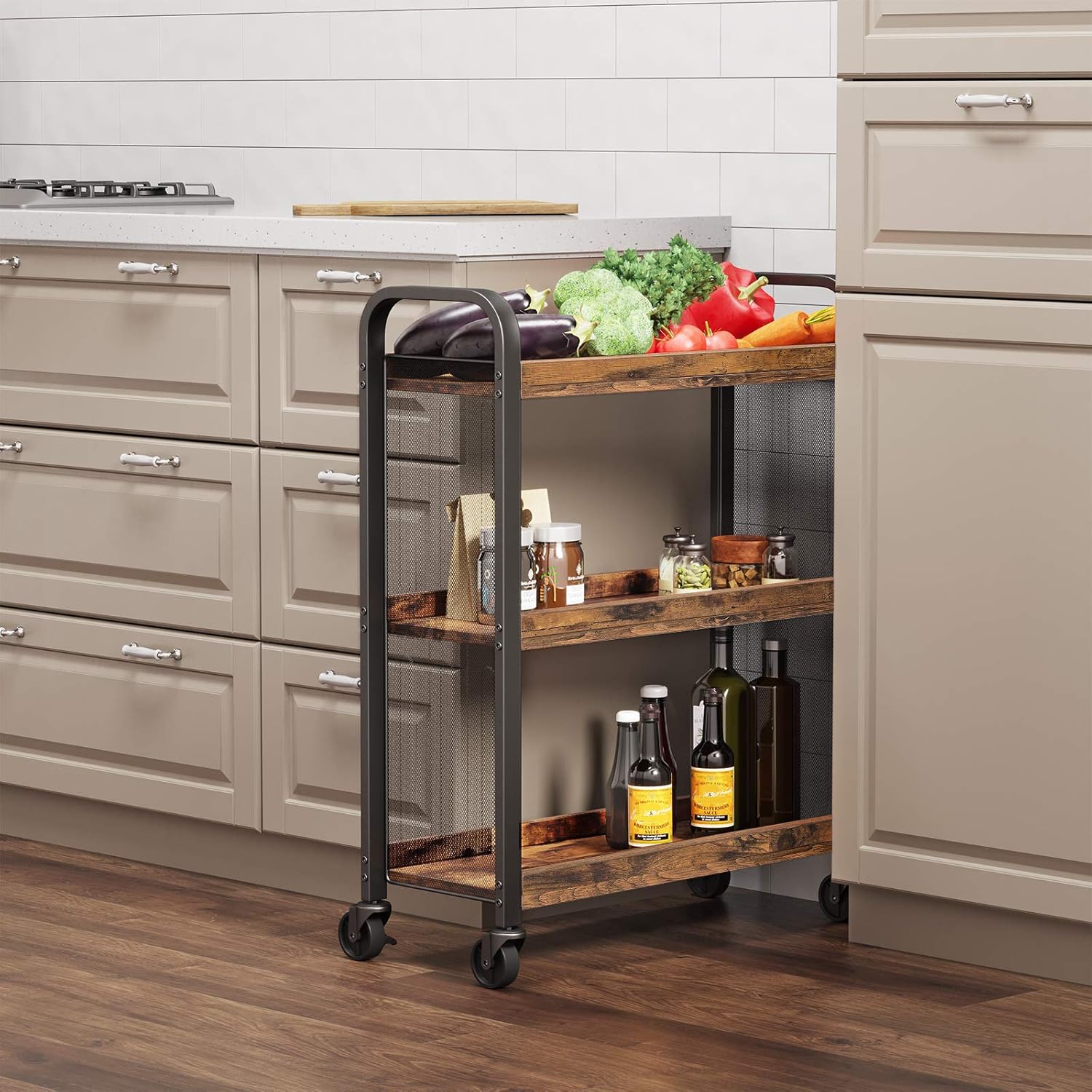 VASAGLE DAINTREE Serving Cart, Slim Kitchen Cart for Narrow Spaces, Rolling Storage Cart and Organizer Utility Cart with Casters Wheels, Easy Assembly, for Kitchen, Bathroom, Rustic Brown ULRC66BX - Kitchen Islands & Carts