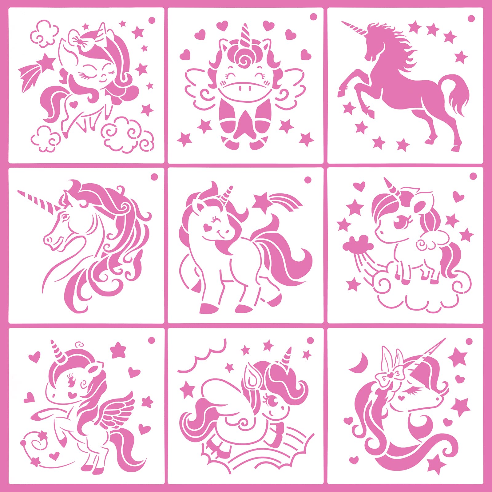 OOTSR 9PCS Unicorn Stencils, 19 x 19CM Scrapbooking Drawing Stencils, Painting Template Stencils for Daily DIY Art Craft Notebook Card Scrapbook Home Decor