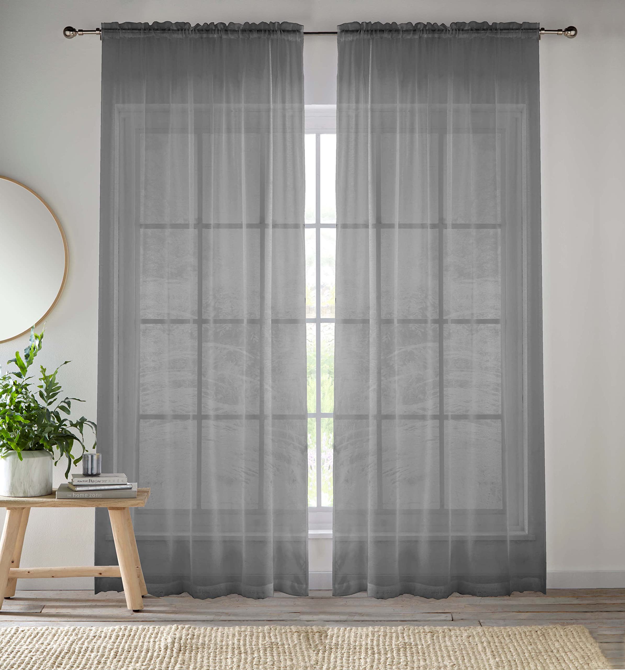 Enhanced Living Grey Voile Curtains for Living Room Panel Pair - 57 Wide x 72 Drop - Plain Woven Slot Top Sheer Curtains (57"x72") 145x183cm