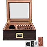 Cigar Humidor, Cedar Wood Glass Top Desktop Humidor Box with Digital Hygrometer, Portable Cigar Leather Case, Lighter and Cigar Cutter, Hold 30-35 Cigars, Gifts Set for Men