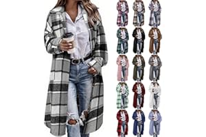 LIKEOULI Flannel Shirt Women Plaid Jacket Womens Shacket Casual Lapel Button Down Long Sleeve Trench Coat Warm Winter Jackets