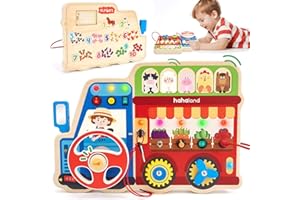 hahaland Montessori Busy Board for Toddlers 3-5, 18-in-1 Wooden Sensory Activity Board with LED Lights & Switches, Educational Montessori Toy for Fine Motor Skills, Kids