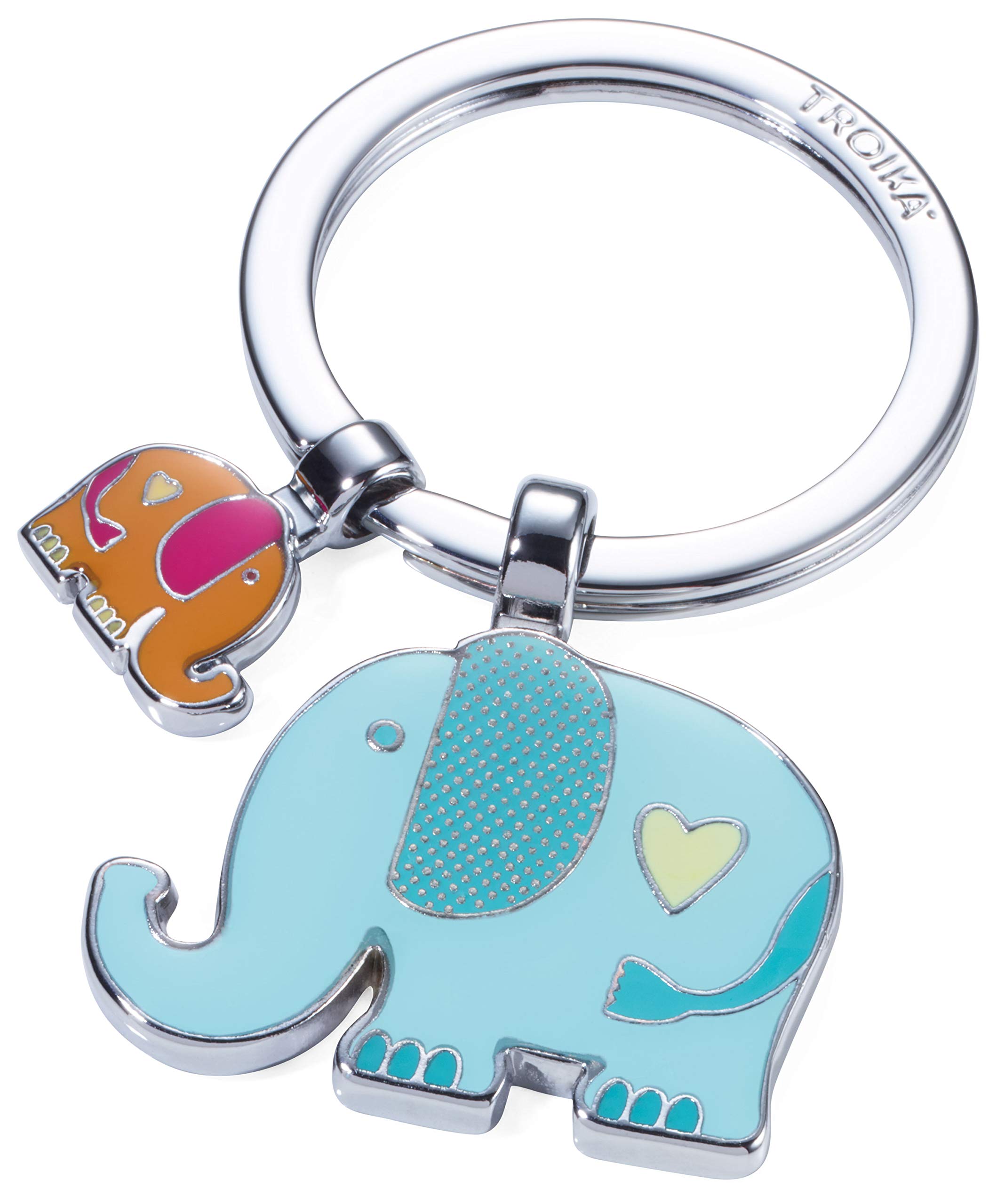 TROIKA RÜSSELBANDE - KR18-12/CH - Keyring with 2 Charms - Elephant, pachyderms, Proboscis, Trunk, Faithful - cast Metal/Enamel- Shiny - Chrome Plated - Multicoloured - TROIKA-Original