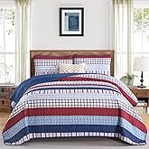 DJY Striped Quilt Set King Size, Red Blue Boho Striped Bedspread Coverlet Set 3 Pieces Lightweight Soft Microfiber Patchwork Quilt Bedding Set for All Season (104"x90")