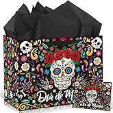 Day of The Dead Gift Bag with Wrapping Paper and Card Dia De Los Muertos Party Favor Bags Sugar Skull Rose Flower Gift Wrap Bag with Handle Mexican Carnival Paper Bags for Day of The Dead Halloween