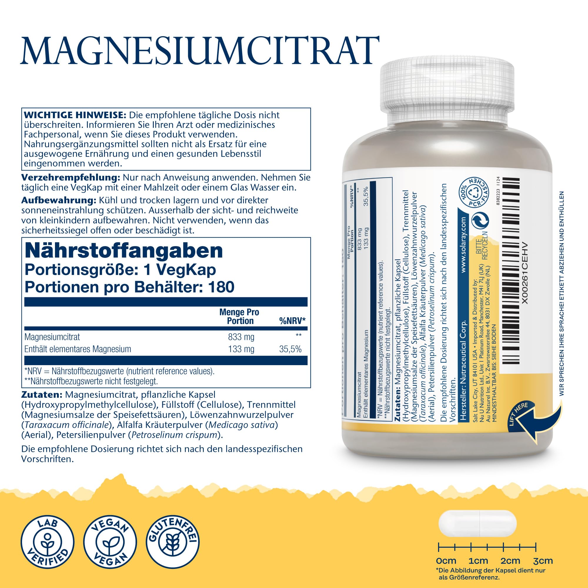 Solaray Magnesiumcitrat 400 mg, 180 vegane Kapseln, Chelatiert 5