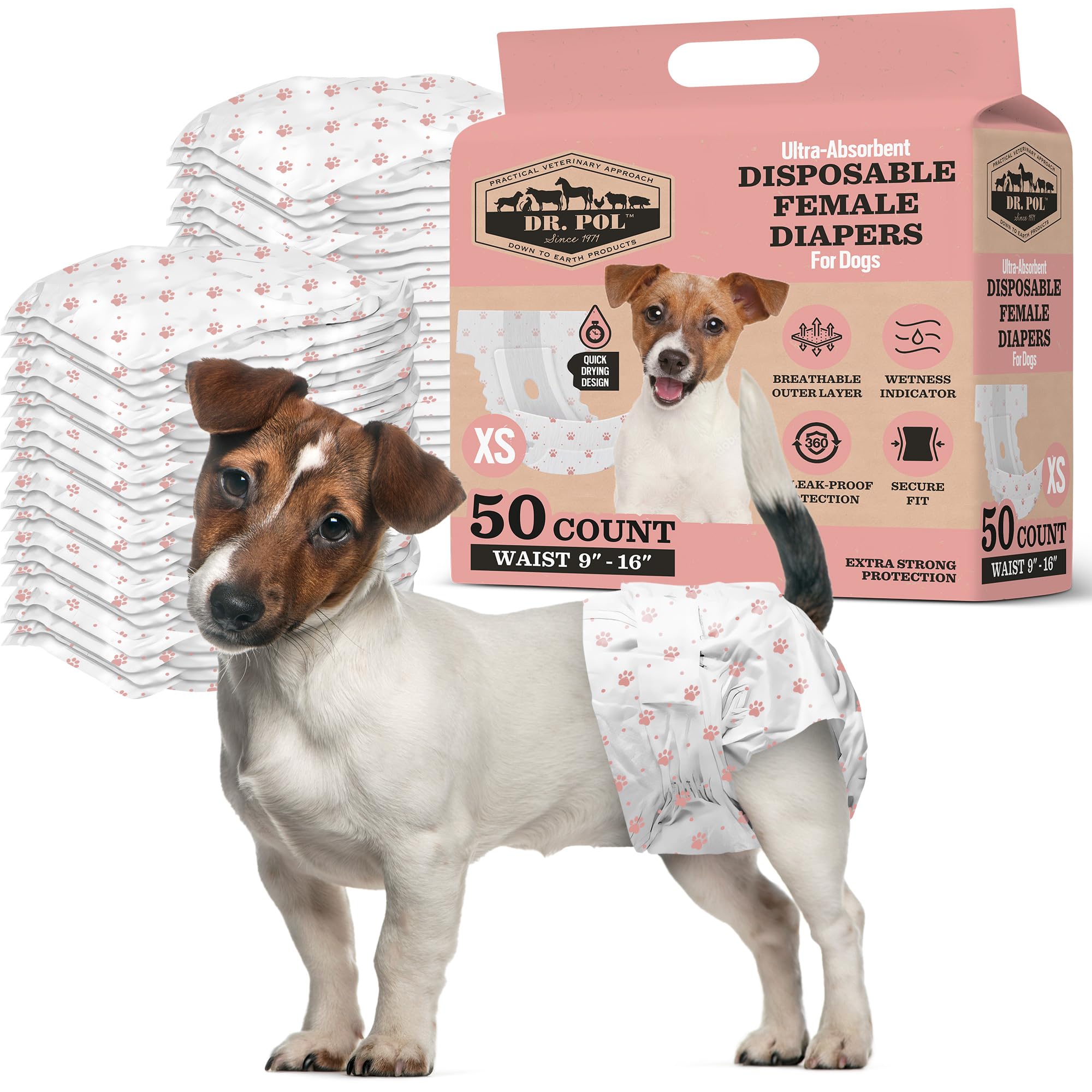Photo 1 of Dr. Pol Female Dog Diapers – Super Absorbent, Breathable, Leak-Proof with Wetness Indicator, X-Small, 50 Count