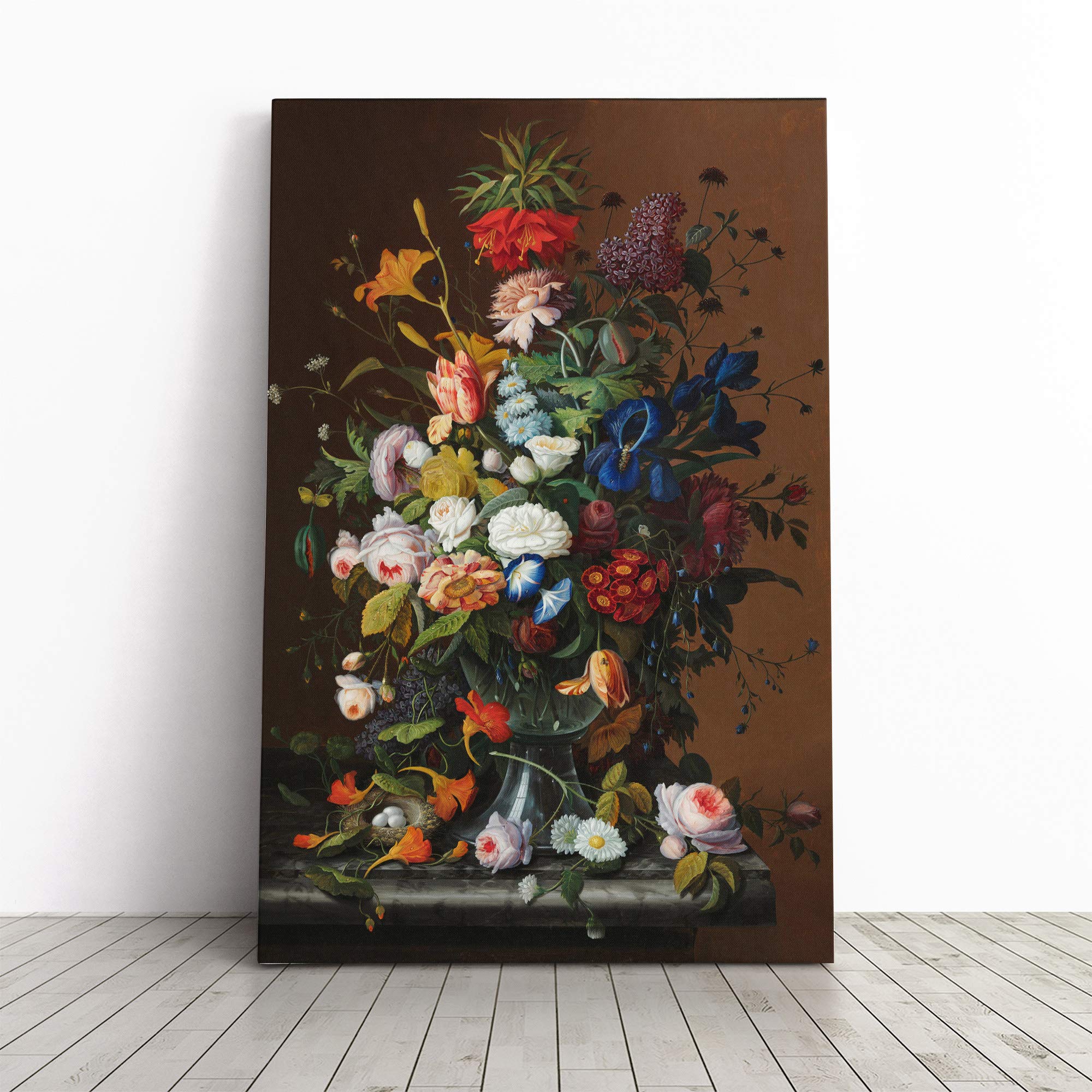 Severin Roesen Still Life Flowers and Birds Nest Canvas Print | Gallery Wrapped 30mm Frame Wall Art | 20x14 inches | Ready to Hang | Modern Floral Picture | Living Room Bedroom Lounge Office