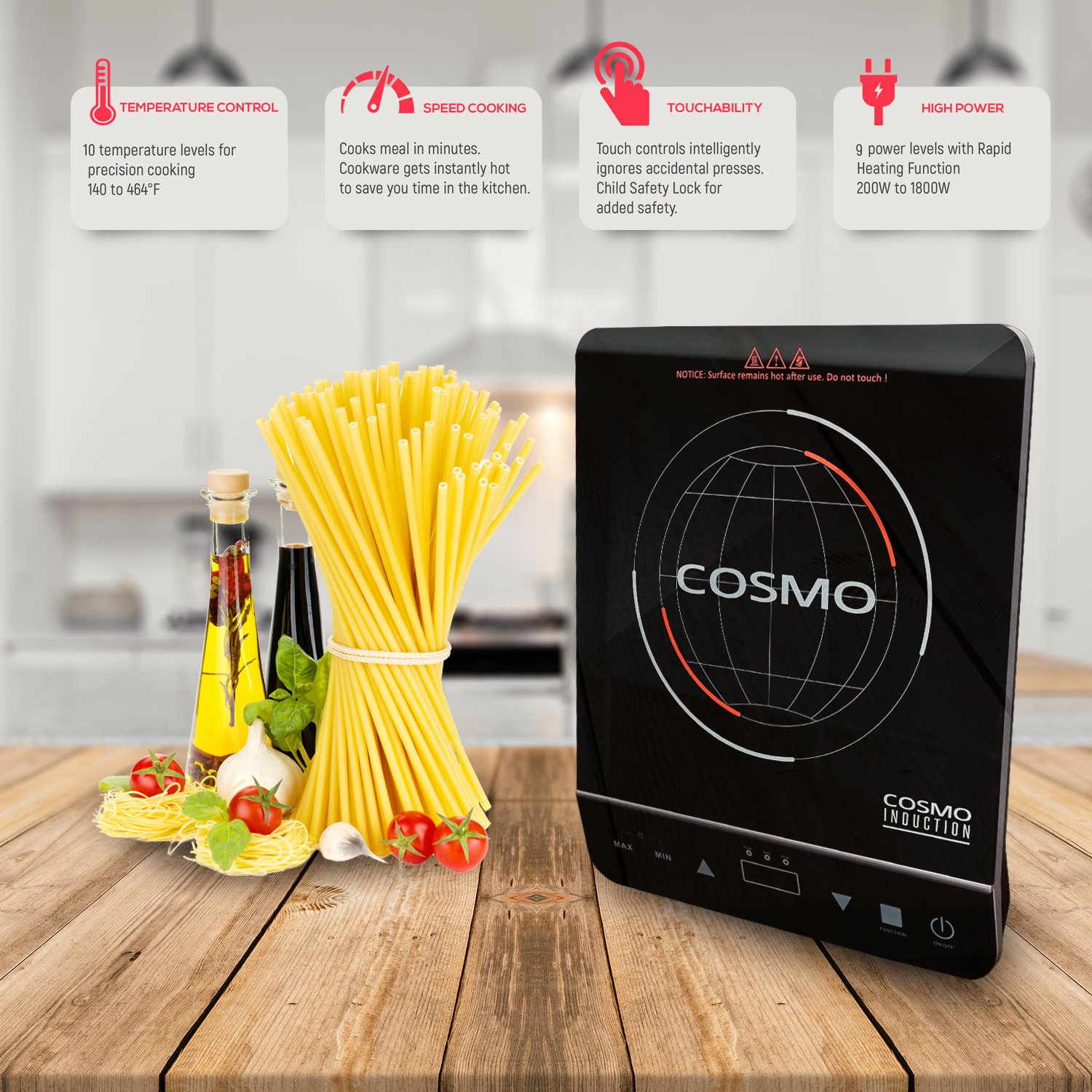 Cosmo 1800Watt Portable Induction Cooktop Countertop Burner, COSYLIC1