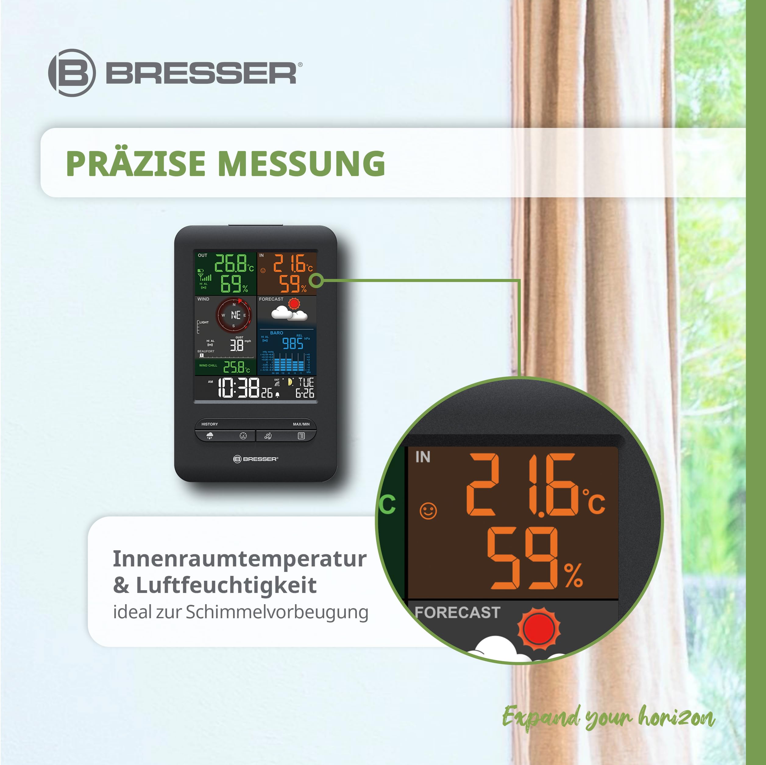 Bresser 7002525 Wetterstation Funk mit Außensensor 5-in-1 Beaufort mit großem Farbdisplay, Sensor für Temperatur, Luftfeuchtigkeit, Luftdruck, Windrichtung und Regenmesser, Schwarz, Einzigartig 7