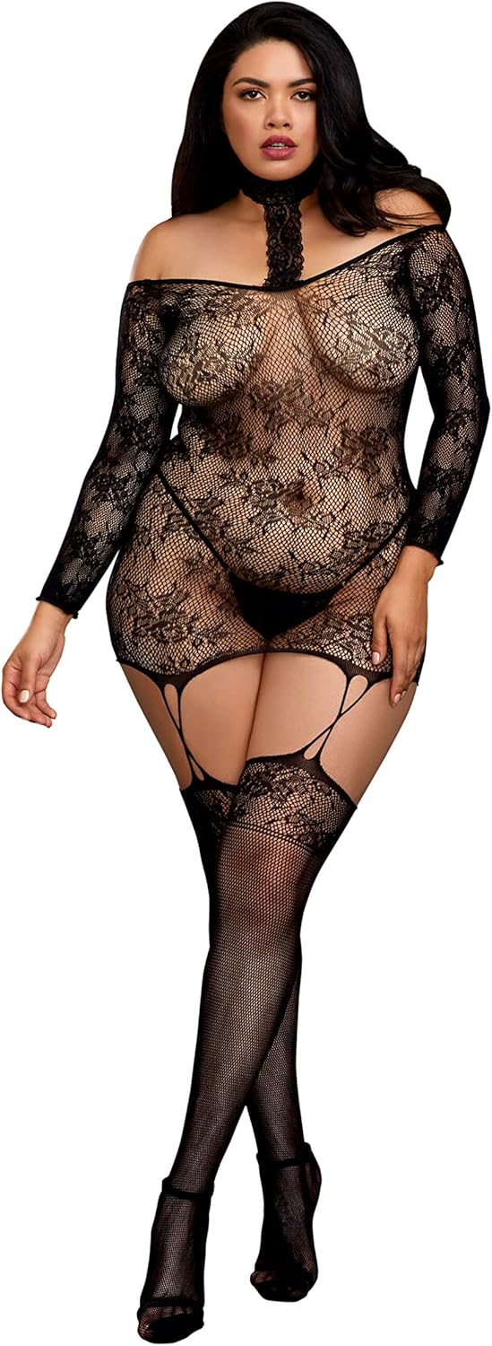 Dreamgirl Women's Plus Lace Patterned Knit Garter Dress with Stockings, Black, One Size - Queen: Clothing