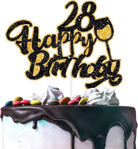 Amazon Co Jp Aerzetix Happy 28th Birthday ケーキトッパー ブラック ゴールド グリッター ワイングラス サイン 28歳 誕生日パーティー 装飾用品 レディース メンズ おもちゃ