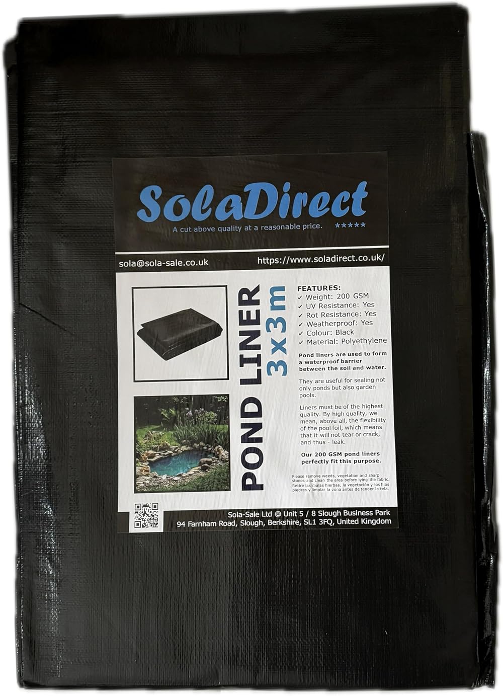 SolaDirect Pond Liner 3 x 3 m 200 GSM UV Resistant Tear-Resistant