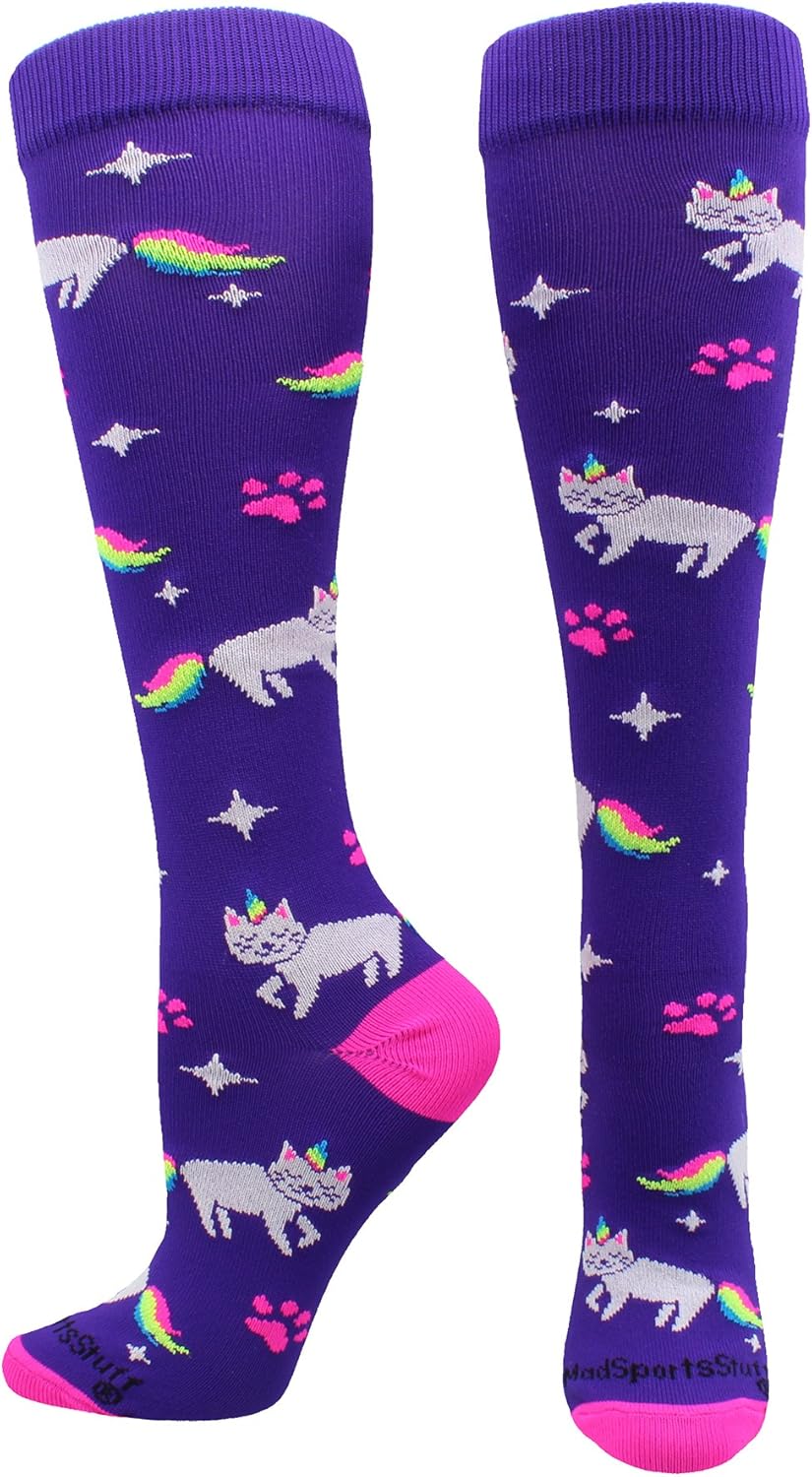 MadSportsStuff Half Cat Half Unicorn - Neon Rainbow Caticorn Athletic Over The Calf Socks : Clothing