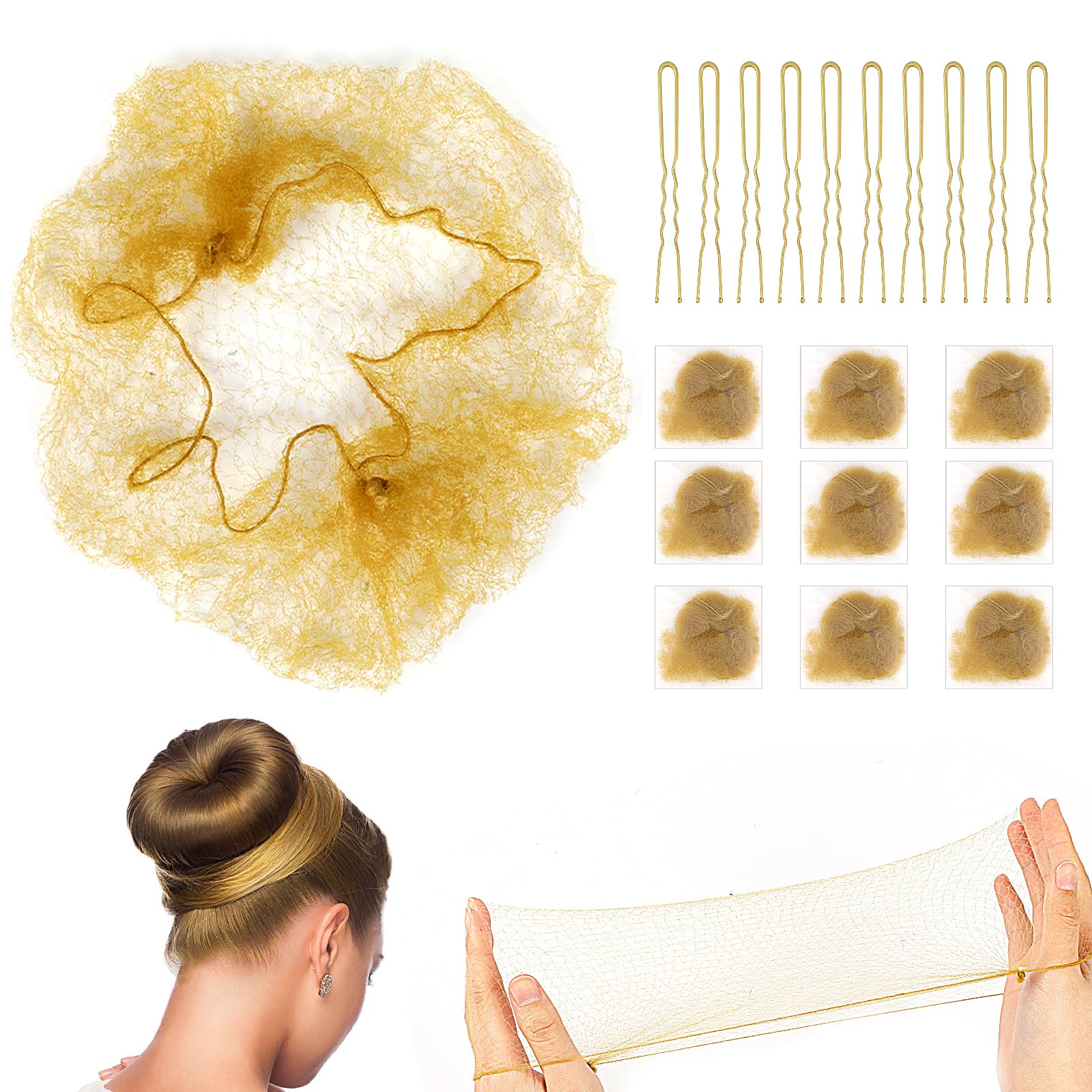 Hair Nets for Buns, 20Pcs Hair Bun Nets Blonde with 20Pcs U Shaped Hair Pins for Buns, Hair Bun Net Set Elastic Edge Mesh Invisible Ballet Hair Net for Girls Women
