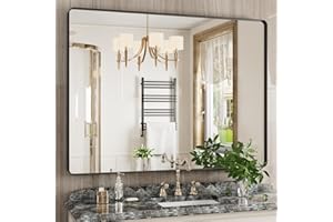 JISOSO Black Bathroom Mirror for Wall, 48 x 36 Inch Rectangular Metal Framed Mirror, Modern Wall Mounted Vanity Mirror for Bathroom, Rounded Corner,Tempered Glass (Horizontal/Vertical)