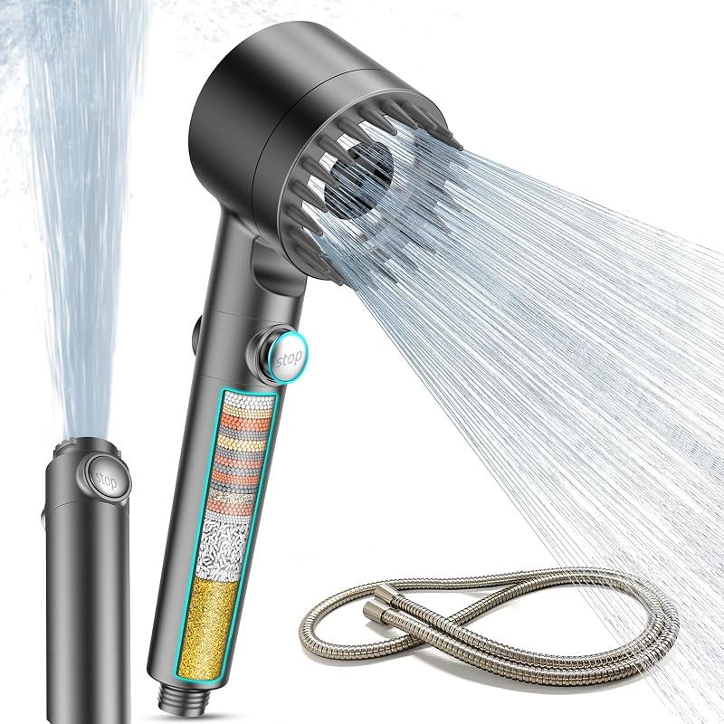 MEKO Shower Head with 15 Stage Filter Hard Water Filter 3+1 Modes Grey