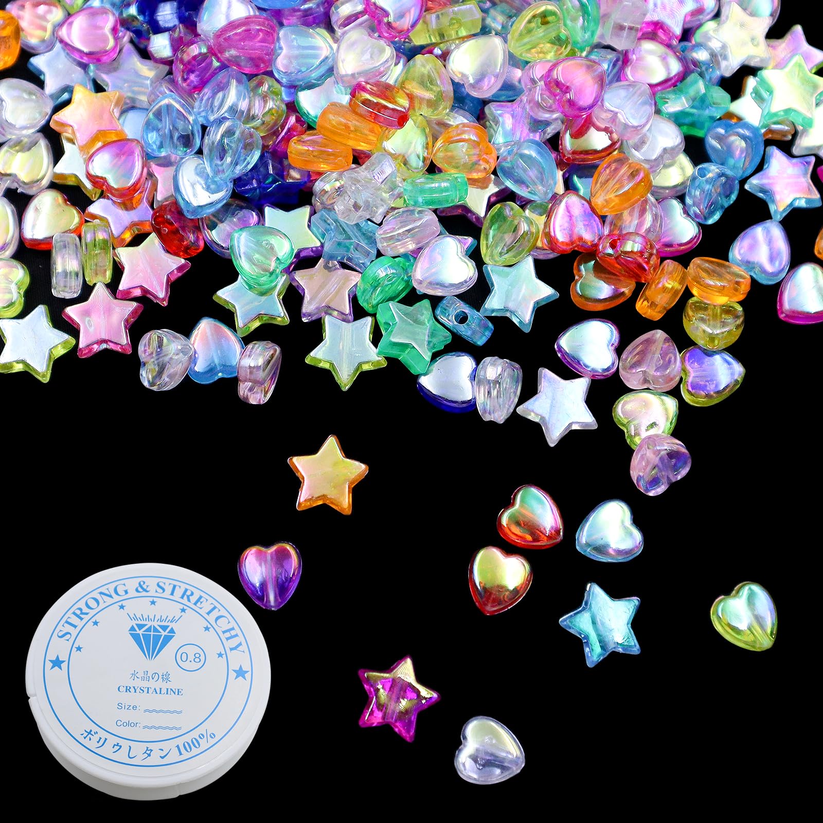 600 Pcs AB Acrylic Heart Beads Star Beads for Jewelry Making 10mm with 1 Roll of Cord Assorted Star Spacer Beades Acrylic Cute Plastic Charming Bead for Jewelry DIY Craft Bracelet Making