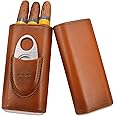 AMANCY Premium 3- Finger Brown Leather Cigar Case, Cedar Wood Lined Cigar Humidor with Silver Stainless Steel Cutter