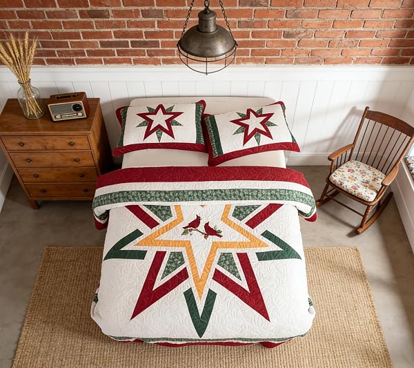 VOHANIDE HANDMADE KING SIZE PATCHWORK QUILT SET WITH EMBROIDERED CARDINAL & STARS – RUSTIC FARMHOUSE COTTON BEDDING – CRIMSON, FOREST GREEN & GOLD – ALL SEASON DECORATIVE QUILT