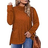 Amrto Plus Size Sweaters for Women 2025 Winter Cowl Neck Tunic Sweaters Buttoned Holiday Vacation Tops with Pockets