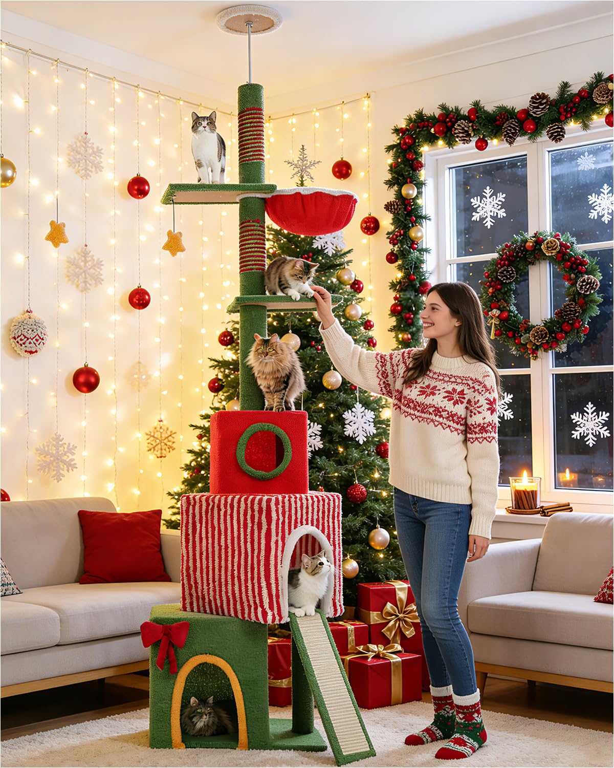 PEQULTI 83-108'' Floor to Ceiling Cat Tree for Large Adult Cats, Christmas Cat Tower with Adjustable Height with 3 Large Condos, Plush Hammock, Thick Scratching Posts, Red/Green Image