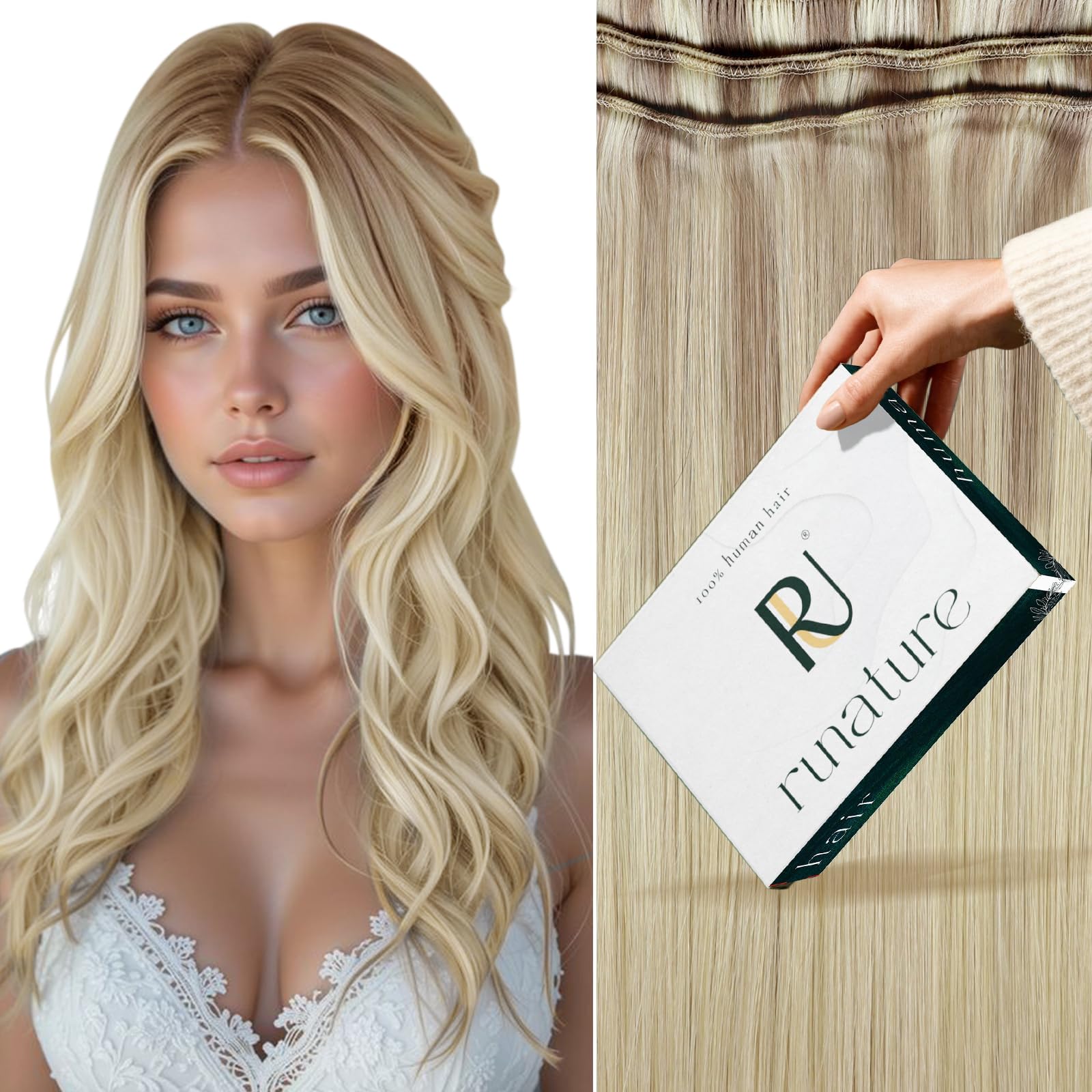 RUNATURE Weft Hair Extensions Human Hair Blonde Ombre Ash Sew in Real Hair Extensions Balayage 16 Inch 100 Gram