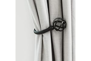 HIKMLK Geometric Industrial Curtain Holdbacks 2pcs, Solid Cast Iron Heavy Duty Curtain Tiebacks for Wall, Side Holder Pull Back Hooks for Drapes Tie Back Home Window Decor (Matt Black)